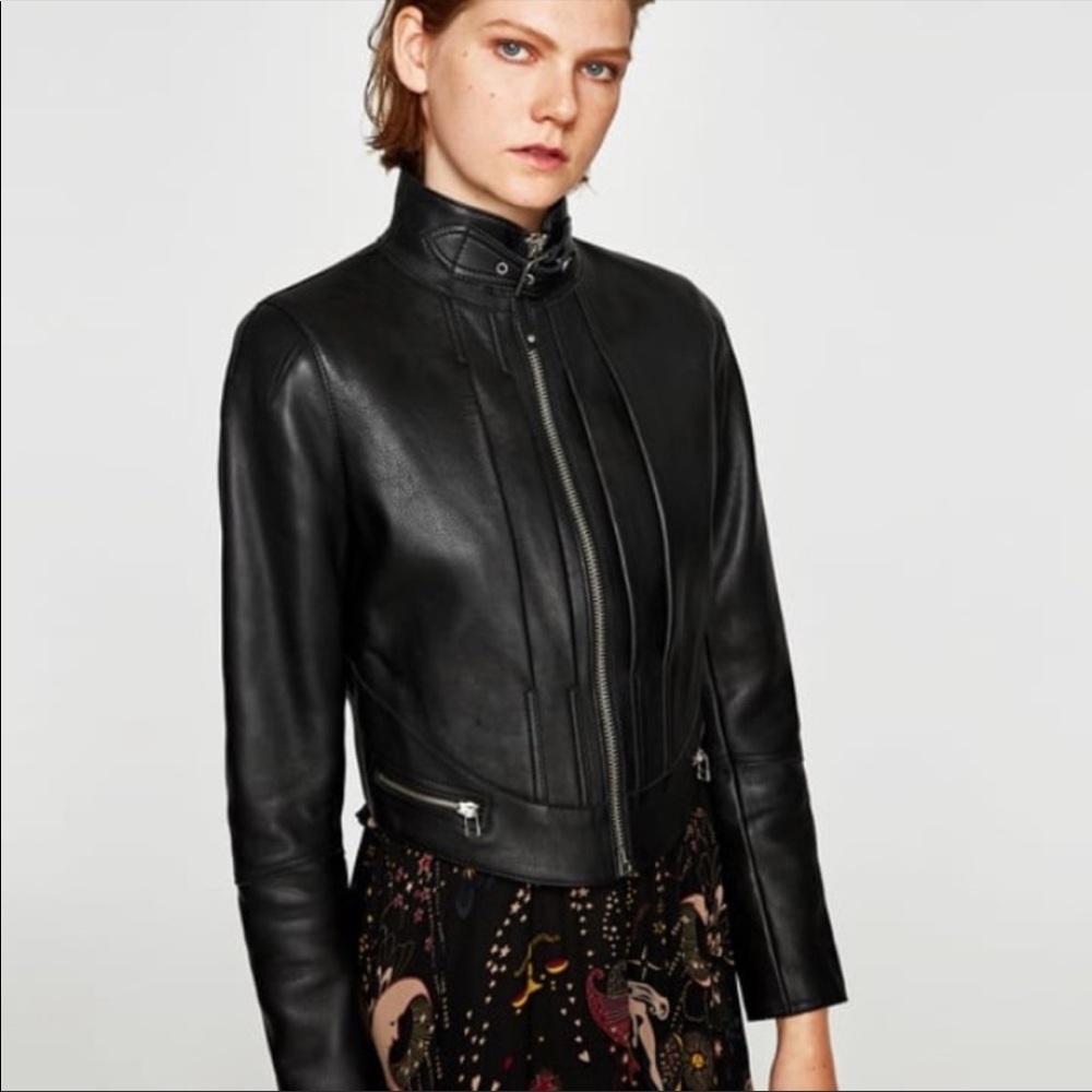 Zara cropped leather bomber biker jacket 😍